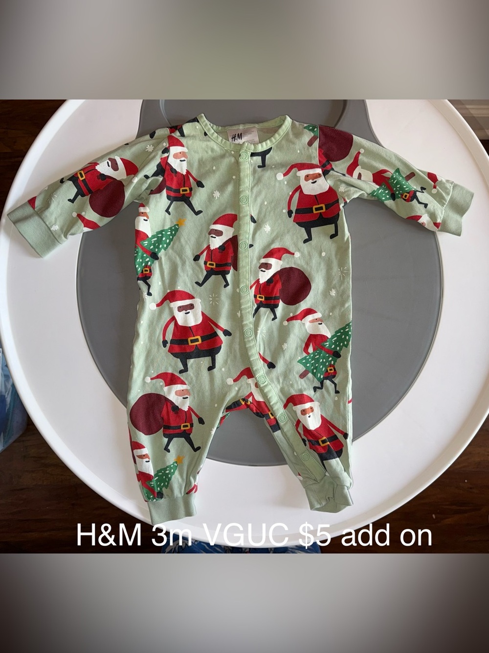 H&M Light Mint Green Baby Snap Romper with Santa Clause Accents
